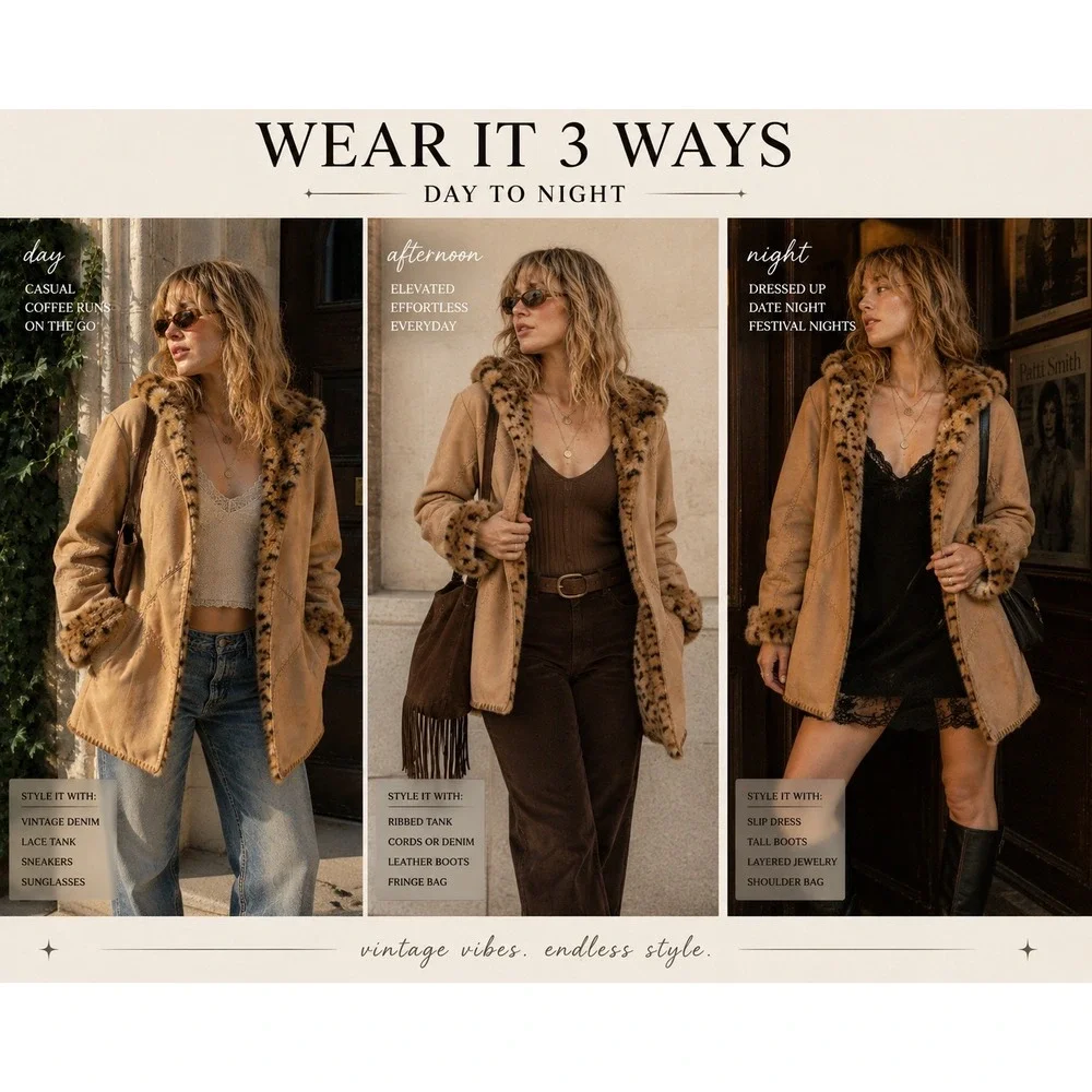 Vintage Y2K Penny Lane Coat Leopard Lined‎ Faux Suede Boho Festival